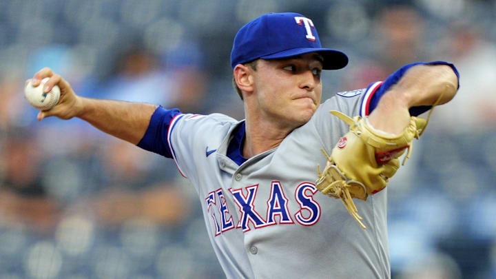 Texas Rangers starting pitcher Jack Leiter (35) pitches during the first inning against the Kansas City Royals at Kauffman Stadium. 