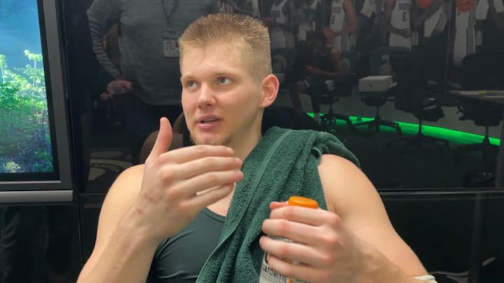 Michigan State forward Jaxon Kohler speaks to the media following a 79-60 victory over San Jose State on Thursday, Nov. 13, 2025.
