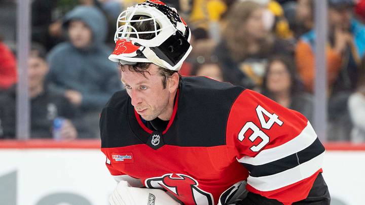 Apr 9, 2026; Newark, New Jersey, USA; New Jersey Devils goaltender Jake Allen (34) takes a break during a stoppage in play during the first period against the Pittsburgh Penguins at Prudential Center. Mandatory Credit: Luther Schlaifer-Imagn Images
