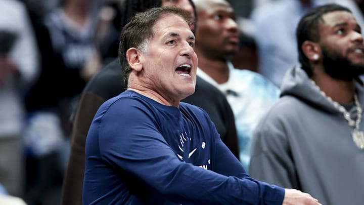 Mar 16, 2025; Dallas, Texas, USA; Mark Cuban reacts against the Philadelphia 76ers during the second half at American Airlines Center. Mandatory Credit: Kevin Jairaj-Imagn Images Mar 16, 2025; Dallas, Texas, USA; Mark Cuban reacts against the Philadelphia 76ers during the second half at American Airlines Center. Mandatory Credit: Kevin Jairaj-Imagn Images