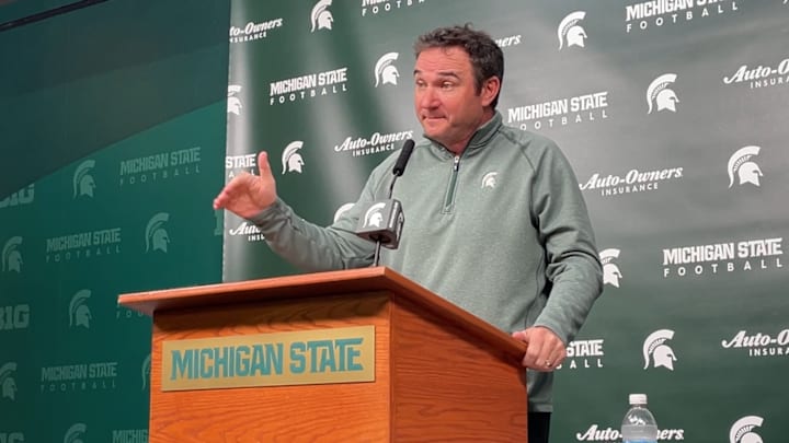 Michigan State head coach Jonathan Smith talks to the media on Oct. 20, 2025 about the Spartans' upcoming rivalry game against the Michigan Wolverines.
