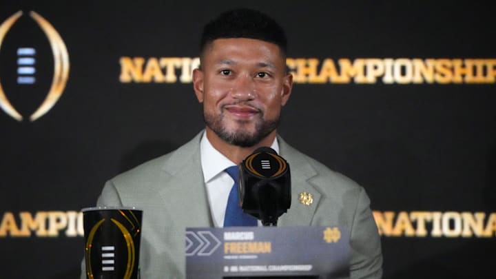 Jan 19, 2025; Atlanta, GA, USA; Notre Dame Fighting Irish head coach Marcus Freeman during College Football Playoff National Championship press conference at The Westin Peachtree Plaza, Savannah Ballroom. 