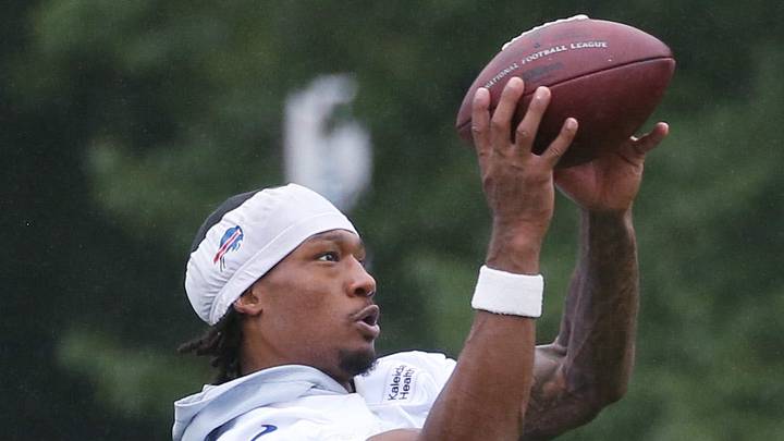 Bills defensive back Kani Walker pulls in a pass as he puts in extra reps after day two of Buffalo Bills training camp at St. John Fisher University Thursday, July 30, 2026, in Pittsford.