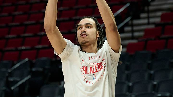 Mar 21, 2025; Portland, Oregon, USA; Portland Trail Blazers guard Dalano Banton (5) warms up before a game against the Denver Nuggets at Moda Center. Mandatory Credit: Troy Wayrynen-Imagn Images