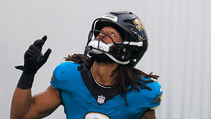 Jacksonville Jaguars wide receiver Jakobi Meyers (3) is introduced before an NFL football game at EverBank Stadium, Sunday, Dec. 7, 2025, in Jacksonville, Fla. The Jaguars defeated the Colts 36-19.