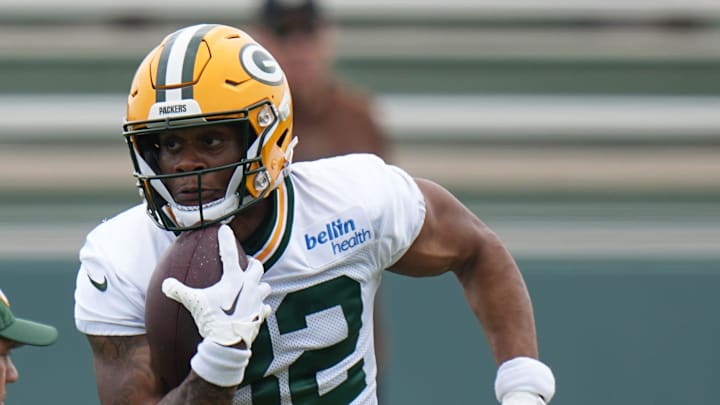 Running back MarShawn Lloyd (32) is shown during organized team activities for the Green Bay Packers Tuesday, May 21, 2024 in Green Bay, Wisconsin.
