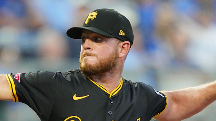 Pittsburgh Pirates reliever Caleb Ferguson throws during a game against the Kansas City Royals on July 8 at Kauffman Stadium. Pittsburgh Pirates reliever Caleb Ferguson throws during a game against the Kansas City Royals on July 8 at Kauffman Stadium.