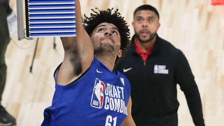 May 12, 2026; Chicago, IL, USA; Cameron Boozer participates in the 2026 NBA Draft Combine at Wintrust Arena. Mandatory Credit: David Banks-Imagn Images