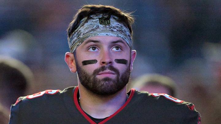 Nov 26, 2023; Indianapolis, Indiana, USA; Tampa Bay Buccaneers quarterback Baker Mayfield (6) looks up at the video board before the game against the Indianapolis Colts at Lucas Oil Stadium. Nov 26, 2023; Indianapolis, Indiana, USA; Tampa Bay Buccaneers quarterback Baker Mayfield (6) looks up at the video board before the game against the Indianapolis Colts at Lucas Oil Stadium.