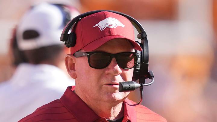 Arkansas interim coach Bobby Petrino on the sidelines during a college football game between Tennessee and Arkansas at Neyland Stadium in Knoxville, Tennessee on Oct. 11, 2025. Arkansas interim coach Bobby Petrino on the sidelines during a college football game between Tennessee and Arkansas at Neyland Stadium in Knoxville, Tennessee on Oct. 11, 2025.
