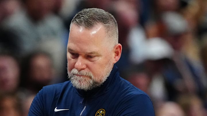 Apr 6, 2025; Denver, Colorado, USA; Denver Nuggets head coach Michael Malone during the third quarter against the Indiana Pacers at Ball Arena. Mandatory Credit: Ron Chenoy-Imagn Images