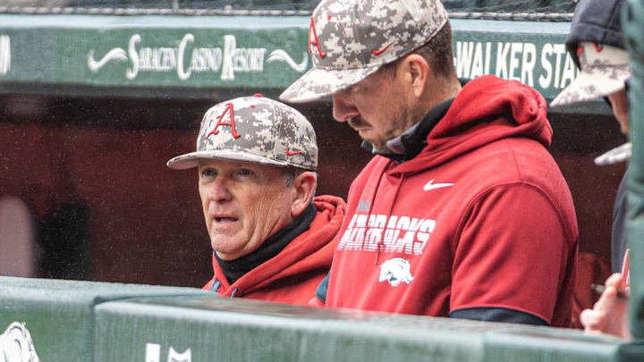 Arkansas Razorbacks coach Dave Van Horn in the dugout against the Missouri Tigers at Baum-Walker Stadium in Fayetteville, Ark.