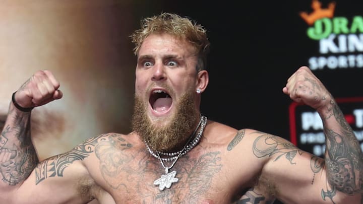 Nov 14, 2024; Irving, TX, USA;  Jake Paul weighs in the day before his fight against Mike Tyson at the Toyota Music Factory.  Mandatory Credit: Kevin Jairaj-Imagn Images