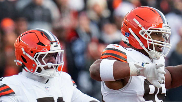 Cleveland Browns defensive end Myles Garrett celebrates as he comes back on the field in the fourth quarter.