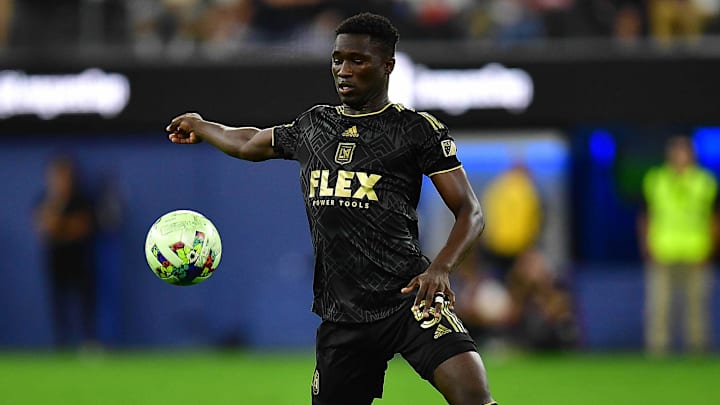 Aug 3, 2022; Los Angeles, California, US; LAFC defender Mamadou Fall (5) moves the ball against Club America during the first half at SoFi Stadium. Mandatory Credit: Gary A. Vasquez-USA TODAY Sports