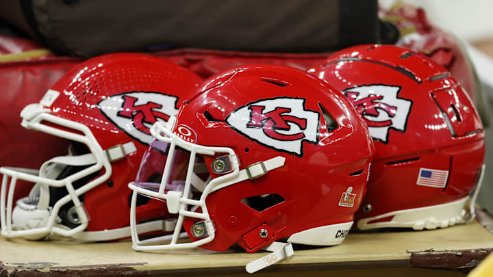 Feb 9, 2025; New Orleans, LA, USA; A detail view of Kansas City Chiefs helmets before Super Bowl LIX between the Philadelphia Eagles and the Kansas City Chiefs at Caesars Superdome. Mandatory Credit: Geoff Burke-Imagn Images