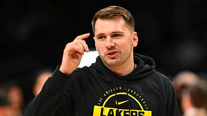 Nov 2, 2025; Los Angeles, California, USA; Los Angeles Lakers guard Luka Doncic (77) reacts before the game against the Miami Heat at Crypto.com Arena. Mandatory Credit: Jonathan Hui-Imagn Images