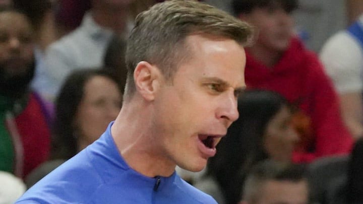 Duke Blue Devils head coach Jon Scheyer talks to a referee March 21, 2026 during the NCAA Men’s Basketball Tournament second round East Region game with TCU at the Bon Secours Wellness Arena in Greenville, South Carolina.
