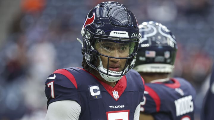 Jan 13, 2024; Houston, Texas, USA; Houston Texans quarterback C.J. Stroud (7) before a 2024 AFC wild card game against the Cleveland Browns at NRG Stadium. Mandatory Credit: Troy Taormina-USA TODAY Sports