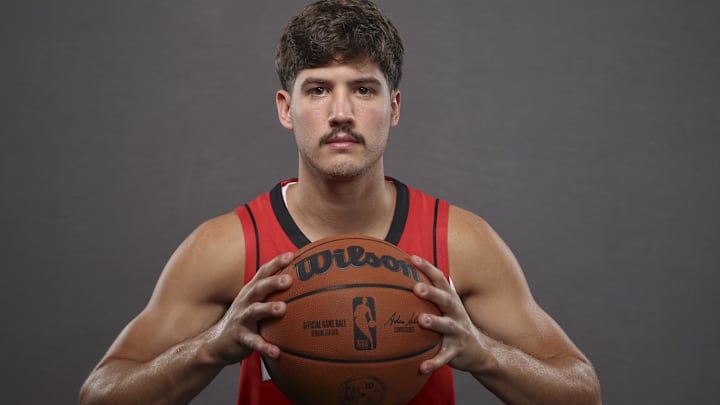 Sep 30, 2024; Houston, TX, USA; Houston Rockets guard Reed Sheppard (15) during Houston Rockets media day. Mandatory Credit: Troy Taormina-Imagn Images