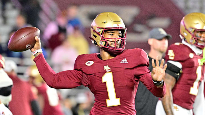 Oct 25, 2024; Chestnut Hill, Massachusetts, USA; Boston College Eagles quarterback Thomas Castellanos (1) warms up before a game against the Louisville Cardinals at Alumni Stadium. Mandatory Credit: Eric Canha-Imagn Images