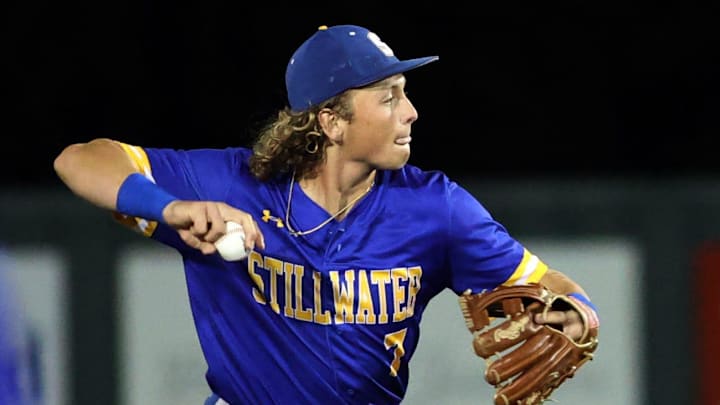 Ethan Holliday throws to first during the Class 6A State Baseball Tournament as Choctaw plays Stillwater on May 9, 2024; Norman, OK, [USA]; at Norman North HS. 
