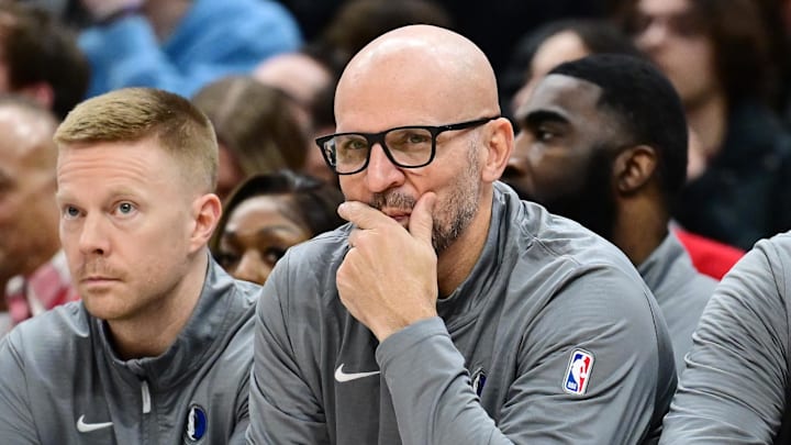 Feb 2, 2025; Cleveland, Ohio, USA; Dallas Mavericks head coach Jason Kidd, center, reacts during the second half against the Cleveland Cavaliers at Rocket Mortgage FieldHouse. Mandatory Credit: Ken Blaze-Imagn Images