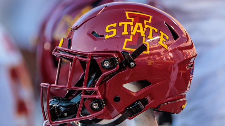 Nov 9, 2024; Kansas City, Missouri, USA; Iowa State Cyclones helmets on the bench during the first quarter against the Kansas Jayhawks at GEHA Field at Arrowhead Stadium. 