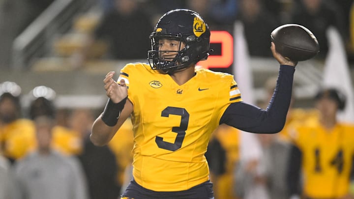 Oct 17, 2025; Berkeley, California, USA; California Golden Bears quarterback Jaron-Keawe Sagapolutele (3) throws against the North Carolina Tar Heels in the fourth quarter at California Memorial Stadium. Mandatory Credit: Eakin Howard-Imagn Images