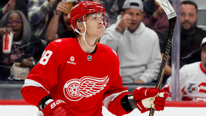 Oct 15, 2025; Detroit, Michigan, USA;  Detroit Red Wings right wing Patrick Kane (88) celebrates after he scores in the second period against the Florida Panthers at Little Caesars Arena. Mandatory Credit: Rick Osentoski-Imagn Images