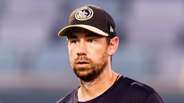 Aug 20, 2024; New Orleans, LA, USA;  New Orleans Saints offensive coordinator Klint Kubiak during practice at Yulman Stadium (Tulane). Mandatory Credit: Stephen Lew-Imagn Images