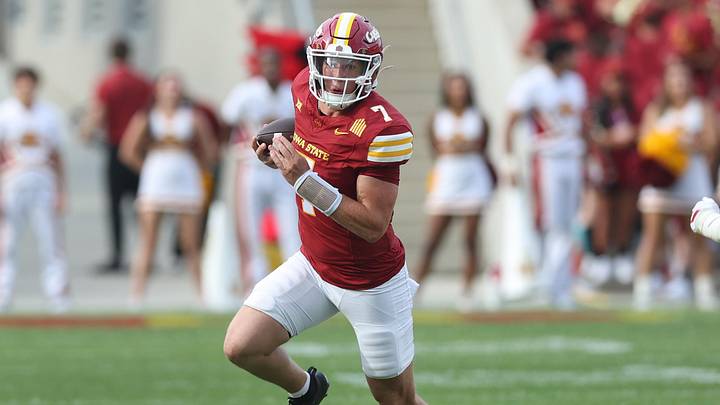 Aug 30, 2025; Ames, Iowa, USA;  Iowa State Cyclones quarterback Alex Manske (7) looks to pass against the South Dakota Coyotes in the second half at Jack Trice Stadium. Mandatory Credit: Reese Strickland-Imagn Images