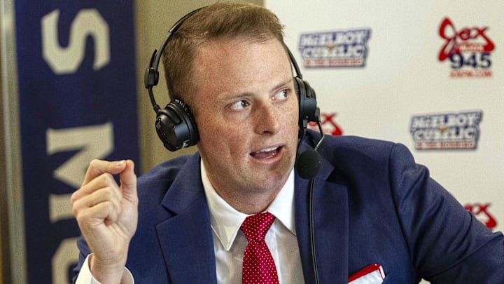 Jul 19, 2021; Hoover, Alabama, USA; SEC Network personality Greg McElroy visits Radio Row during SEC Media Days at Hyatt Regency Birmingham. Mandatory Credit: Vasha Hunt-Imagn Images


