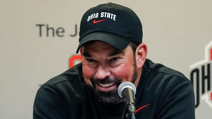 Ohio State Buckeyes coach Ryan Day talks to media following a win over the Michigan Wolverines at Michigan Stadium.