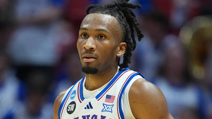 Mar 20, 2026; San Diego, CA, USA; Kansas Jayhawks guard Darryn Peterson (22) looks on in the first half against the California Baptist Lancers during a first round game of the men's 2026 NCAA Tournament at Viejas Arena. Mandatory Credit: Kirby Lee-Imagn Images Mar 20, 2026; San Diego, CA, USA; Kansas Jayhawks guard Darryn Peterson (22) looks on in the first half against the California Baptist Lancers during a first round game of the men's 2026 NCAA Tournament at Viejas Arena. Mandatory Credit: Kirby Lee-Imagn Images