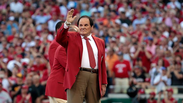 Pete Rose waves to the crowd as his name is called with the Cincinnati Reds Franchise Four before the start of the MLB All-Star Game at Great American Ballpark in Cincinnati on Tuesday, July 14, 2015. Pete Rose waves to the crowd as his name is called with the Cincinnati Reds Franchise Four before the start of the MLB All-Star Game at Great American Ballpark in Cincinnati on Tuesday, July 14, 2015.