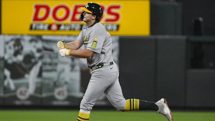 Sep 3, 2025; St. Louis, Missouri, USA; Athletics first baseman Nick Kurtz (16) reacts as he runs the bases after hitting a solo home run against the St. Louis Cardinals during the eighth inning at Busch Stadium. Mandatory Credit: Jeff Curry-Imagn Images Sep 3, 2025; St. Louis, Missouri, USA; Athletics first baseman Nick Kurtz (16) reacts as he runs the bases after hitting a solo home run against the St. Louis Cardinals during the eighth inning at Busch Stadium. Mandatory Credit: Jeff Curry-Imagn Images