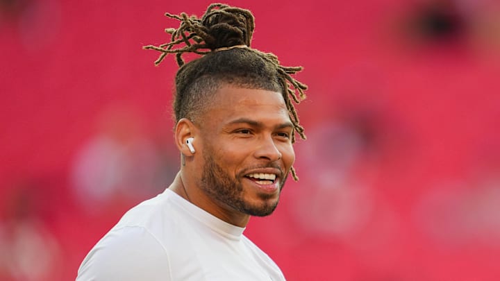 Oct 7, 2024; Kansas City, Missouri, USA; New Orleans Saints safety Tyrann Mathieu (32) talks with broadcaster Ryan Clark prior to a game against the Kansas City Chiefs at GEHA Field at Arrowhead Stadium. Mandatory Credit: Jay Biggerstaff-Imagn Images Oct 7, 2024; Kansas City, Missouri, USA; New Orleans Saints safety Tyrann Mathieu (32) talks with broadcaster Ryan Clark prior to a game against the Kansas City Chiefs at GEHA Field at Arrowhead Stadium. Mandatory Credit: Jay Biggerstaff-Imagn Images