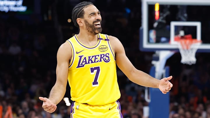 Los Angeles Lakers guard Gabe Vincent (7) smiles after a play against the Oklahoma City Thunder during the second half at Paycom Center. Ma