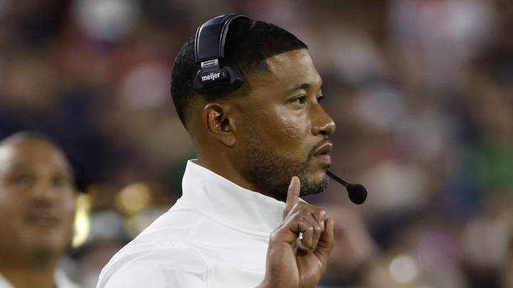 Sep 6, 2026; Green Bay, Wisconsin, USA;  Notre Dame Fighting Irish head coach Marcus Freeman reacts in the first half at Lambeau Field. 