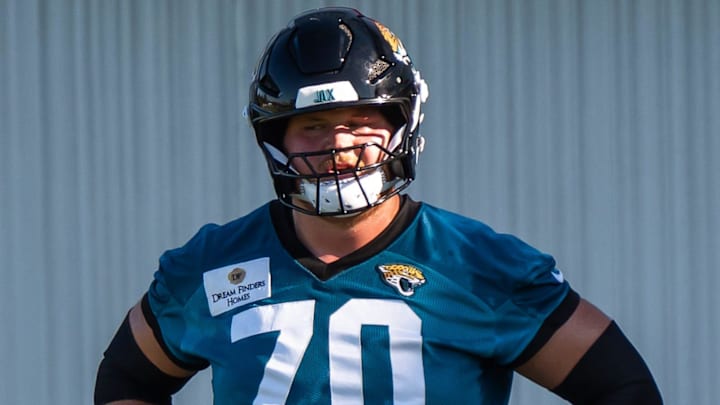 Jacksonville Jaguars offensive tackle Cole Van Lanen (70) takes a breather during an NFL training camp second session at the Miller Electric Center, Thursday, July 24, 2025, in Jacksonville, Fla. [Doug Engle/Florida Times-Union]