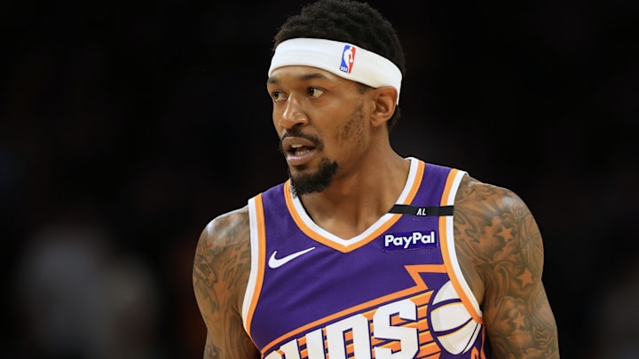Apr 8, 2025; Phoenix, Arizona, USA; Phoenix Suns guard Bradley Beal (3) reacts during the first half against the Golden State Warriors at Footprint Center. Mandatory Credit: Mark J. Rebilas-Imagn Images