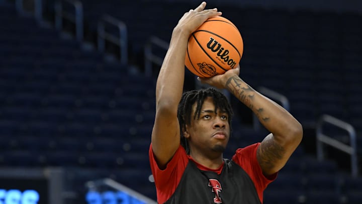 Mar 26, 2025; San Francisco, CA, USA; Texas Tech Red Raiders forward JT Toppin (15) shoots the basketball during NCAA Tournament West Regional Practice at Chase Center. Mandatory Credit: Eakin Howard-Imagn Images