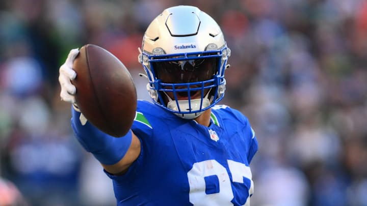 Oct 29, 2023; Seattle, Washington, USA; Seattle Seahawks tight end Noah Fant (87) celebrates after getting a first down against the Cleveland Browns during the second half at Lumen Field. Mandatory Credit: Steven Bisig-Imagn Images