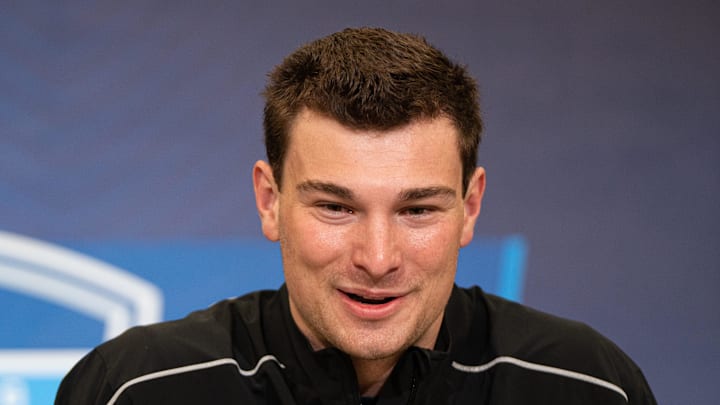 Feb 27, 2026; Indianapolis, IN, USA; Indiana quarterback Fernando Mendoza (QB11) speaks to members of the media during the NFL Combine at the Indiana Convention Center. Mandatory Credit: Jacob Musselman-Imagn Images