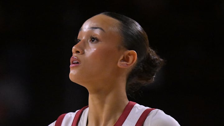 Jan 29, 2026; Los Angeles, California, USA;  USC Trojans guard Jazzy Davidson (9) warms up prior to the game against the Iowa Hawkeyes at Galen Center. Mandatory Credit: Jayne Kamin-Oncea-Imagn Images