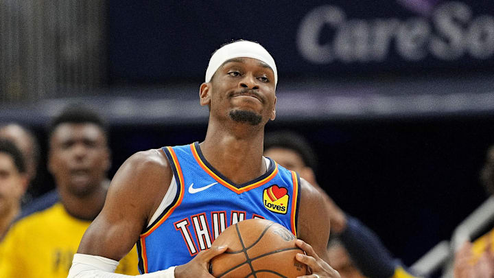 Jun 11, 2025; Indianapolis, Indiana, USA; Oklahoma City Thunder guard Shai Gilgeous-Alexander (2) reacts during the third quarter of the game against the Indiana Pacers in game three of the 2025 NBA Finals at Gainbridge Fieldhouse. Mandatory Credit: Kyle Terada-Imagn Images