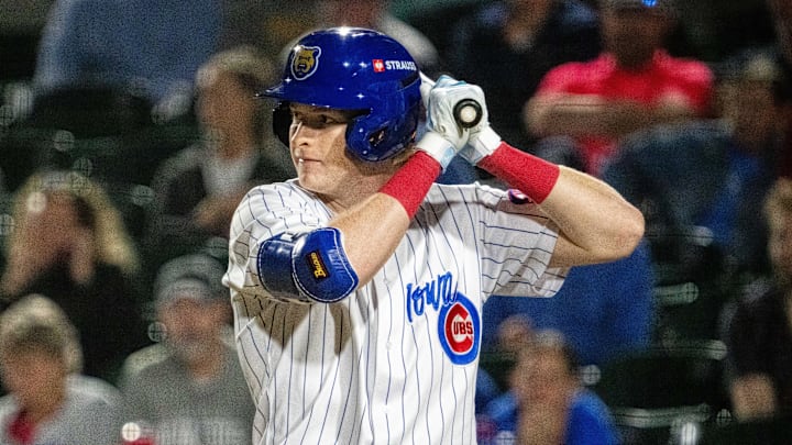 Iowa Cubs' Owen Caissie (17) swings at the ball on Friday, March 28, 2025, at Principal Park in Des Moines.