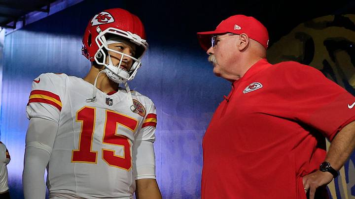 Kansas City Chiefs quarterback Patrick Mahomes (15) talks with head coach Andy Reid with tight end Travis Kelce (87) before an NFL football matchup at EverBank Stadium, Monday, Oct. 6, 2025, in Jacksonville, Fla. The Jacksonville Jaguars edged the Kansas City Chiefs 31-28. [Corey Perrine/Florida Times-Union]