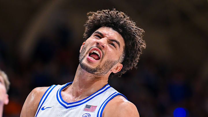 Cameron Boozer reacts during a match against Georgia Tech Cameron Boozer reacts during a match against Georgia Tech